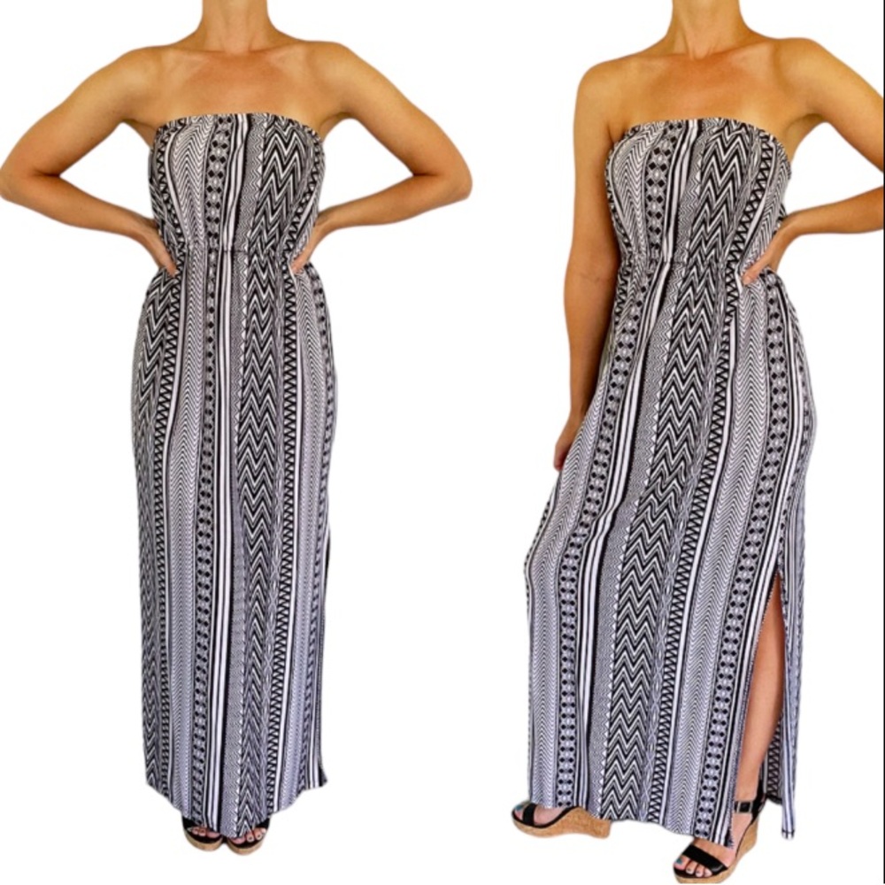 Soprano black and white strapless tribal stripe print maxi dress size medium